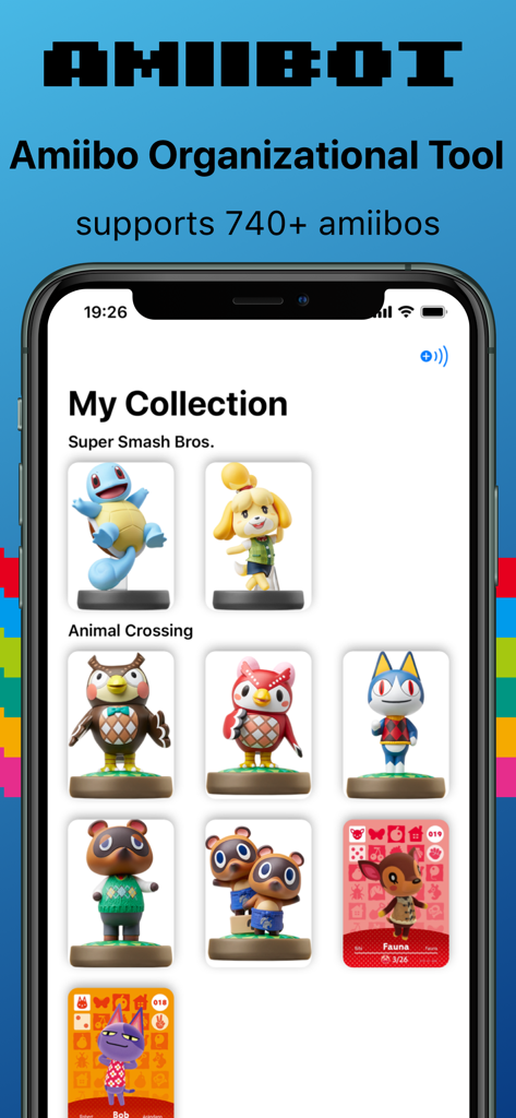 AmiiBot - AmiiBot app interface showing a digital collection of Nintendo Amiibo figures including Animal Crossing and Super Smash Bros characters.