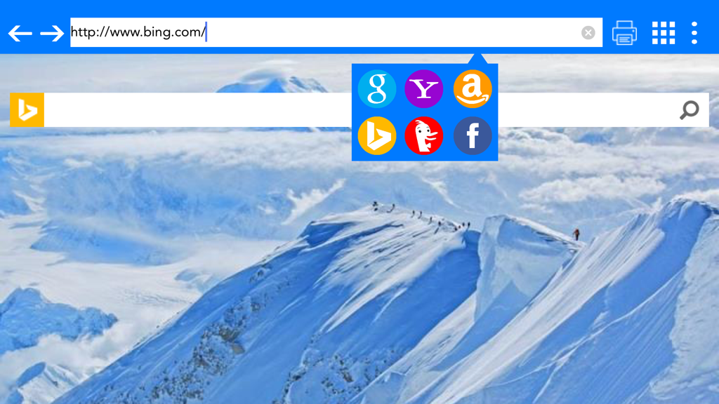 Soar Browser interface showing a quick access menu for multiple search engines over the Bing homepage.