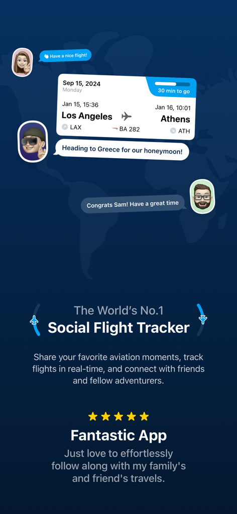 Track Live Flights - Mileways - Mileways app interface showing social flight tracking and status sharing features