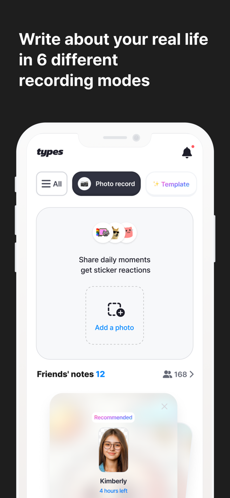 Screen of the MyTypes app showing options to share daily moments using different recording modes.