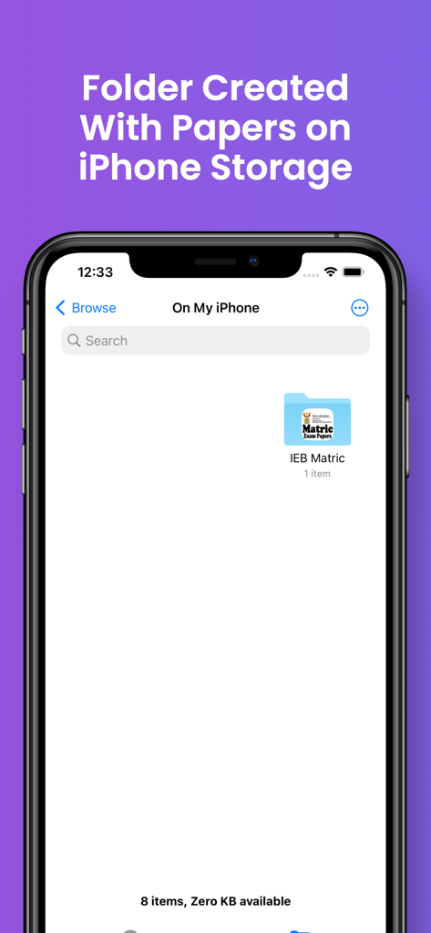 Captura de pantalla de la pantalla de almacenamiento de un iPhone que muestra una carpeta dedicada para exámenes de matriculación IEB