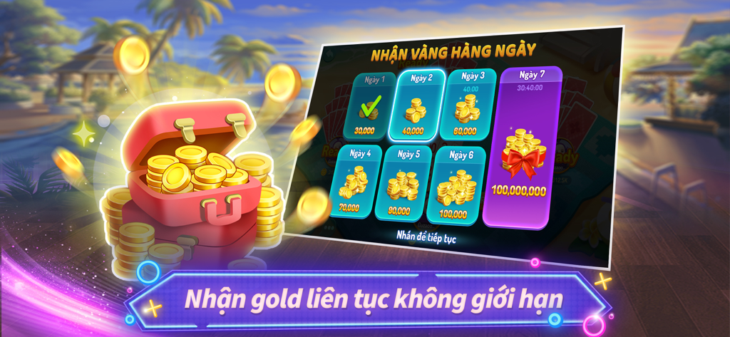 Mậu Binh Xập Xám Pro ZingPlay - Mau Binh Xap Xam Pro ZingPlay daily gold rewards and login bonus screen