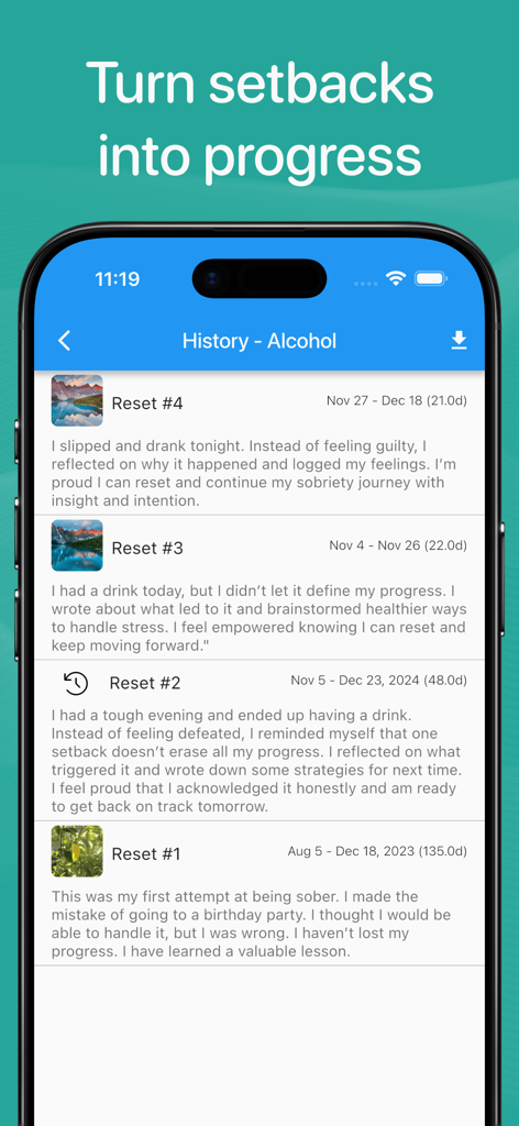 Sober Time app interface displaying a history of alcohol relapse notes and recovery progress