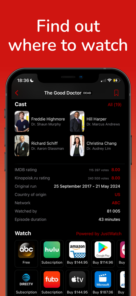 MyShows - Track Shows & Films - MyShows app interface displaying streaming platforms and cast information for The Good Doctor.