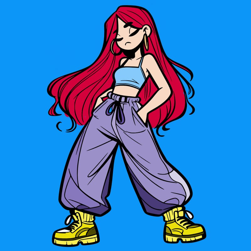 girl in baggy pants crop top and long hair