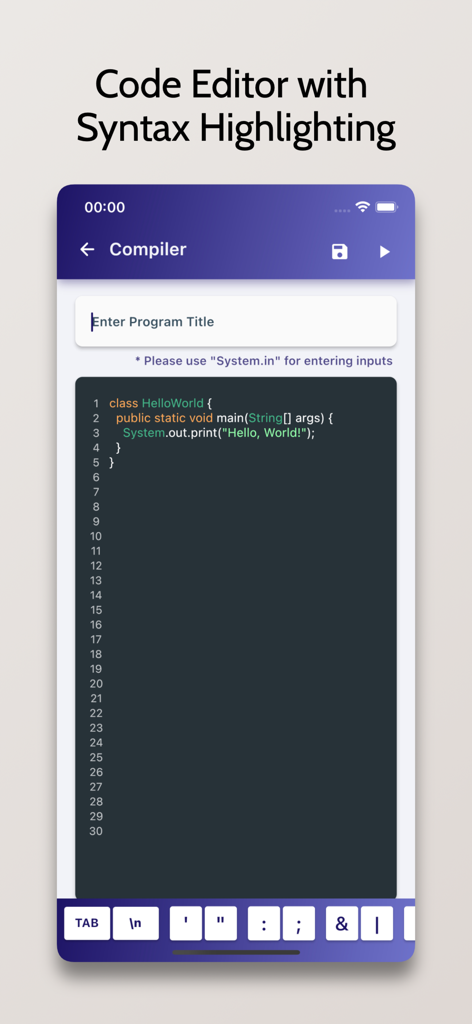 Interface do editor de código Java para celular mostrando realce de sintaxe e um programa de exemplo Hello World