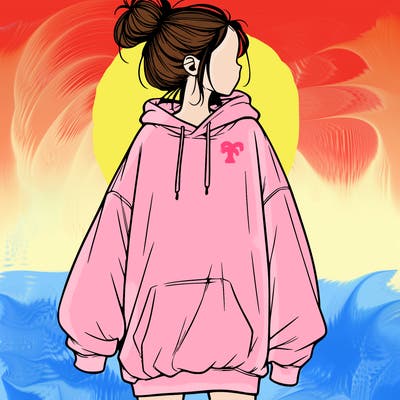 realistic girl with a oversized sweatshirt on and a bun
