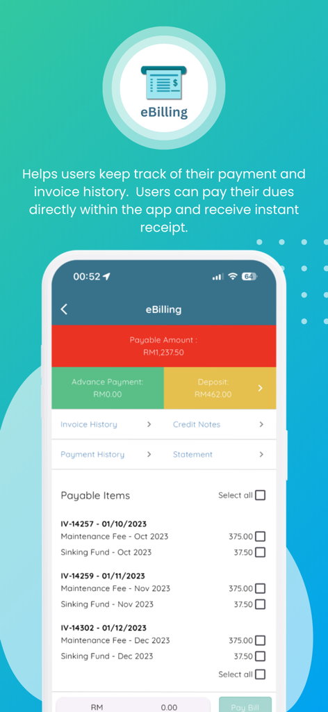 eCommunity - Mobile screen showing eBilling feature to pay maintenance fees and view history