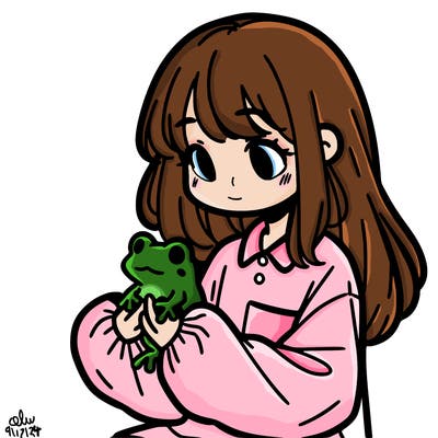 girl with long hair and a oversized shirt. and she is holding a frog