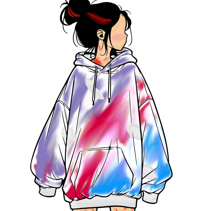 realistic girl with a oversized sweatshirt on and a bun