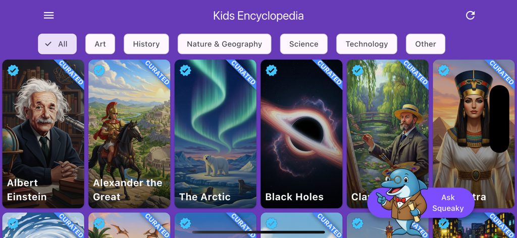 Kids Encyclopedia with AI - Tarjetas de temas educativos en la aplicación Kids Encyclopedia con un asistente de delfín de IA.
