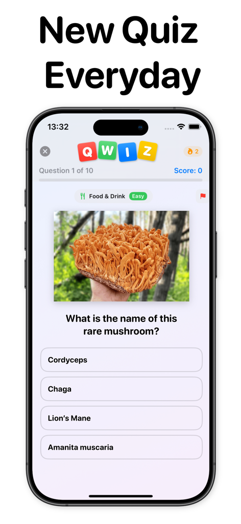 Qwiz: Daily Quiz, Trivia Game - Screenshot of the Qwiz app showing a food and drink trivia question about identifying a rare mushroom.