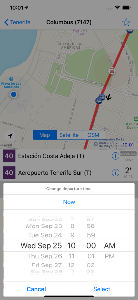 Interface des horaires de bus et du sélecteur d'heure dans l'application Transports publics à Tenerife.