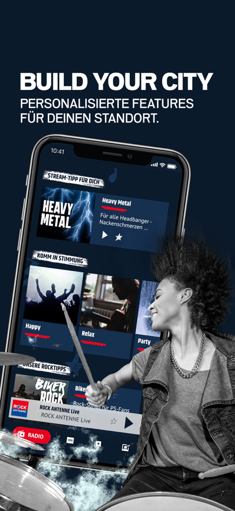 Interfaz de la aplicación ROCK ANTENNE mostrando streams de radio rock personalizados y categoría de heavy metal