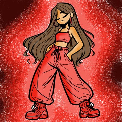 girl in baggy pants crop top and long hair