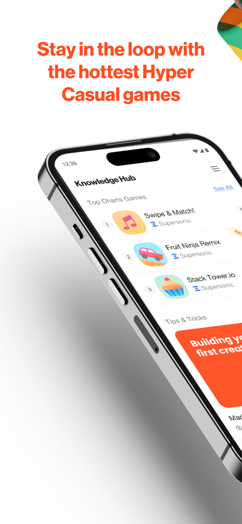 Supersonic App - Smartphone screen showing the Supersonic App Knowledge Hub with a list of top charts hyper-casual games.