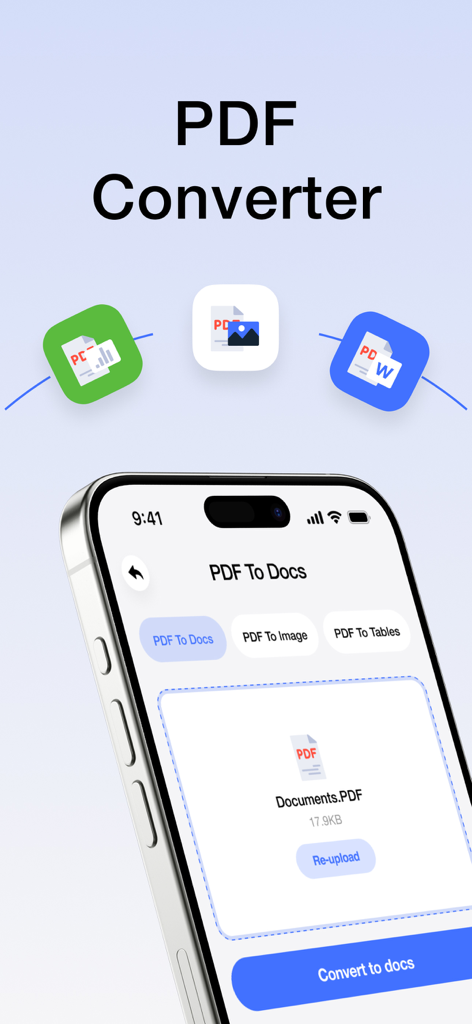 Mobile app screen showing options to convert PDF files into documents and images