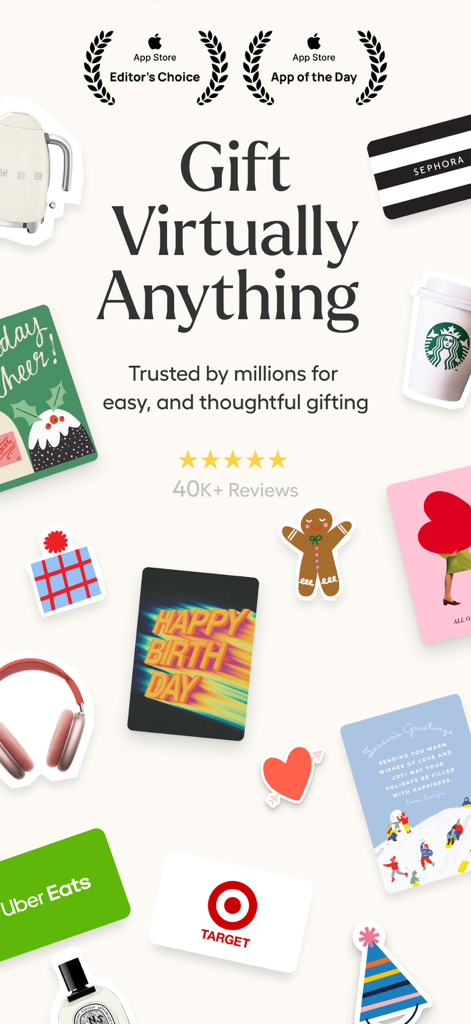 Givingli app promotional screen featuring digital gift cards from brands like Sephora and Target alongside greeting cards