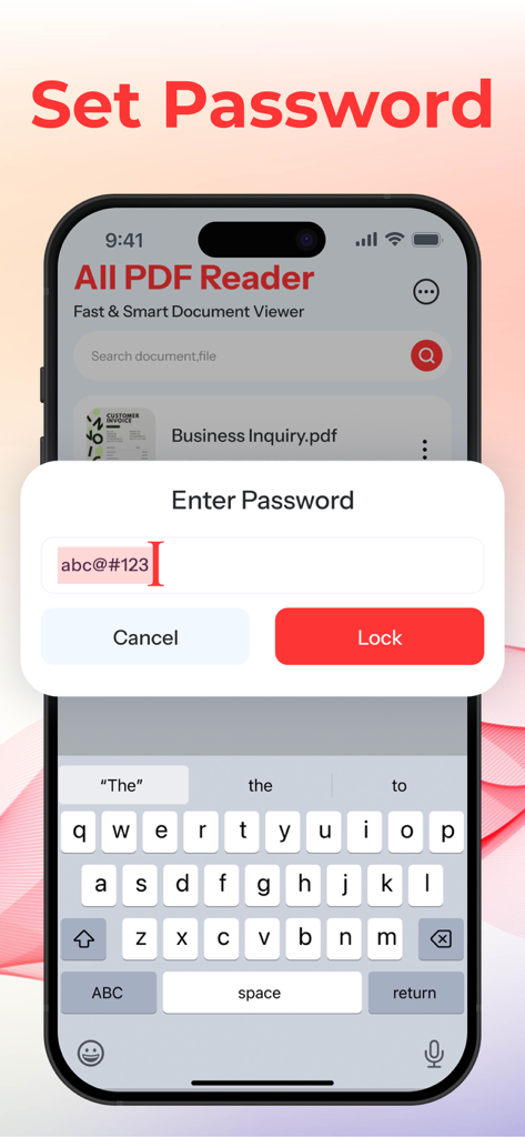 All PDF Reader - iPhoneでドキュメントセキュリティのためのパスワード設定ダイアログを表示するAll PDF Readerアプリのインターフェイス。