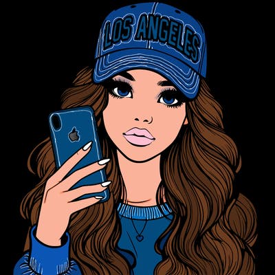 realistic beautiful girl wearing los ángeles cap holding an iphone