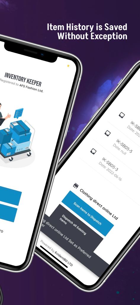 Inventory Keeper Application - Inventory Keeper mobile app interface displaying item history and stock dispatch management screens