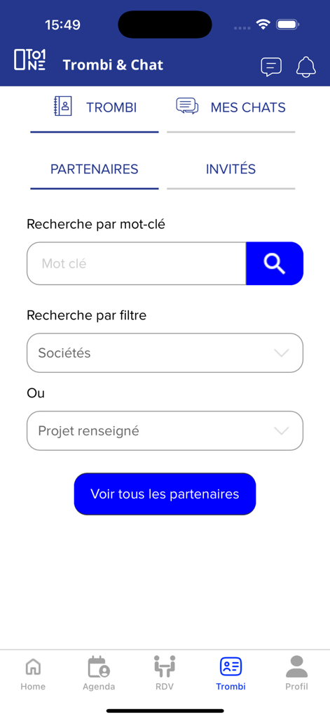 1to1 Retail Ecommerce - Directorio de networking y filtros de búsqueda de socios en la aplicación móvil 1to1 Retail Ecommerce