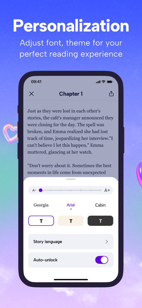 MyPassion: Read, Listen Novels - Reading personalization screen in the MyPassion app showing font and theme options