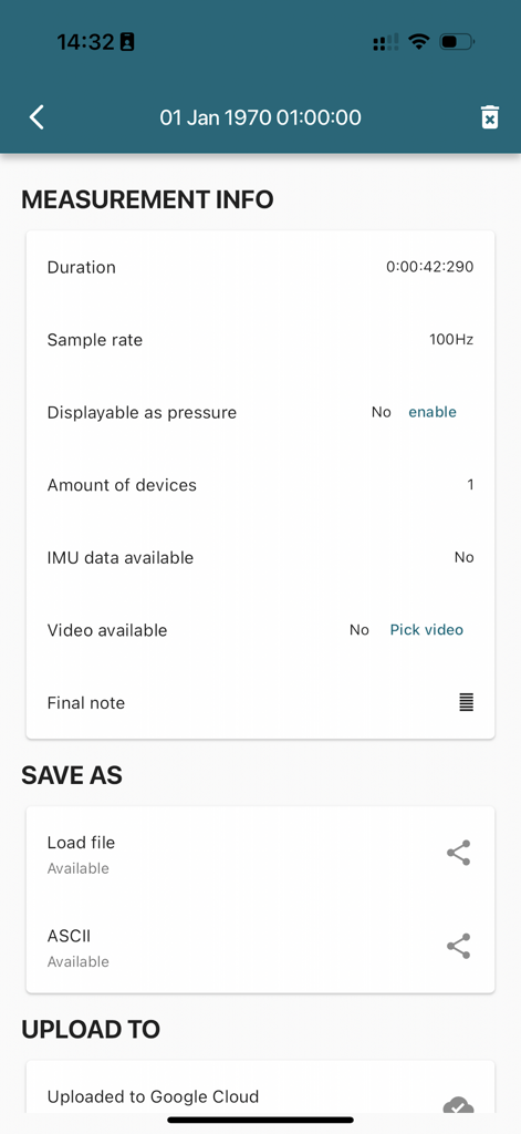 loadapp - Loadapp interface displaying measurement info duration and export options for ASCII files and cloud storage