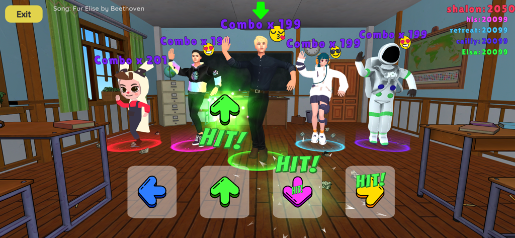 Dance Battle 3D - Five 3D characters performing a rhythmic dance battle in a classroom setting
