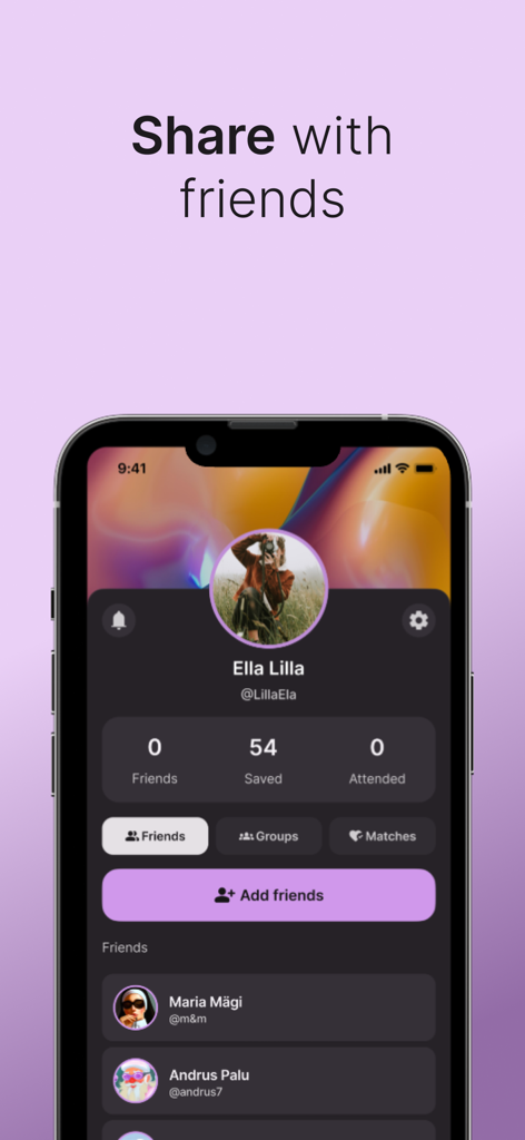 Ela app user profile showing friend list and event sharing options