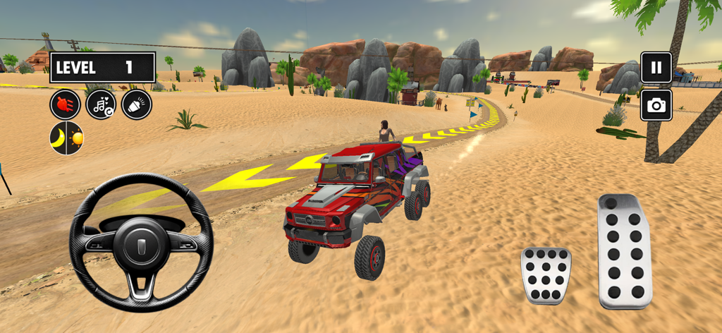 Dunes Offroad Car Simulator 3D - Red 6x6 off-road truck driving on a sandy track in a desert environment with game controls