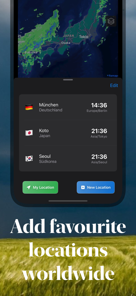 Rain Viewer: Rain Radar Map - Schermata dell'app Rain Viewer che mostra le località globali preferite e una mappa radar meteo
