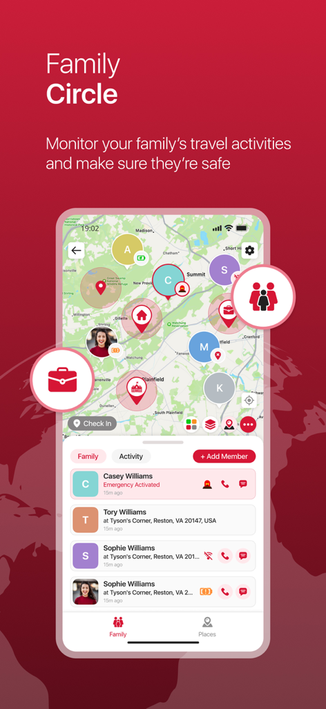 My Global Rescue app Family Circle screen showing real-time GPS location tracking and safety status of family members on a map.