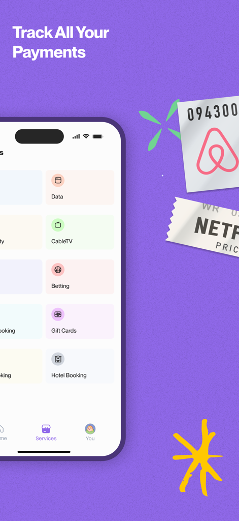 Pokowave App-Bildschirm, der Servicekategorien zur Zahlungsverfolgung und Buchungen anzeigt.