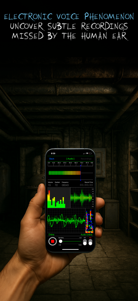 A hand holding an iPhone displaying the Ghost Science M3 app with the EVP audio tool active in a dark basement.