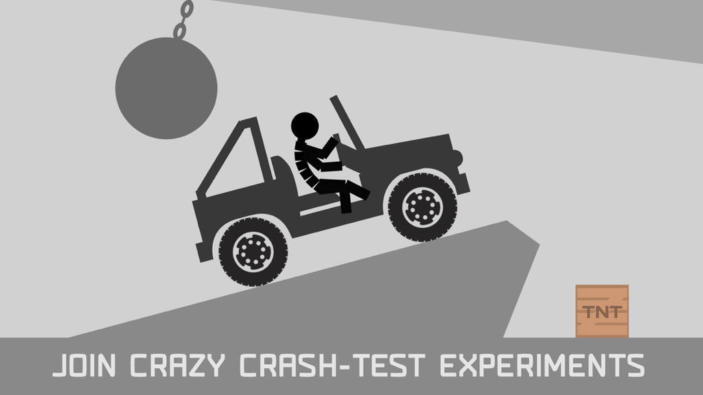 Stickman Turbo Car Crash Test - A stickman in a jeep driving up a ramp toward a wrecking ball and TNT