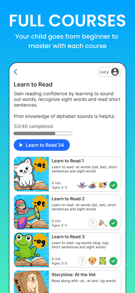 Super Teacher app screen showing the Learn to Read course modules and progress tracking
