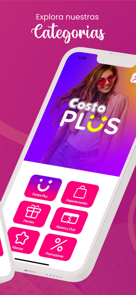 Costo Plus - Interfaz del menú principal de la app Costo Plus mostrando puntos de lealtad y categorías de tiendas