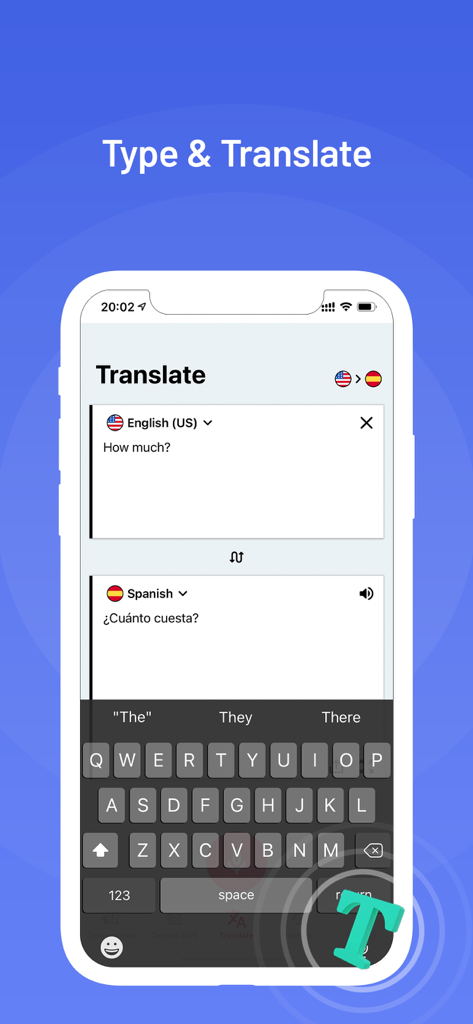 Interface de smartphone do app Translator X PRO traduzindo texto em inglês para espanhol.