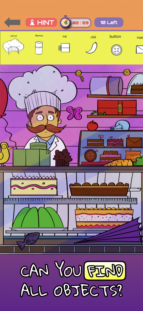 Hidden Objects! Find them all - Screenshot of a hidden object game level featuring a chef in a bakery with items to find at the top