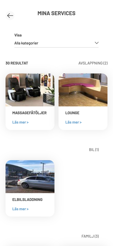 Kupolens Kundklubb - Screenshot der mobilen Kupolens Kundklubb-App mit verfügbaren Einkaufszentrum-Diensten wie Massagestühlen, Lounges und Ladestationen für Elektrofahrzeuge