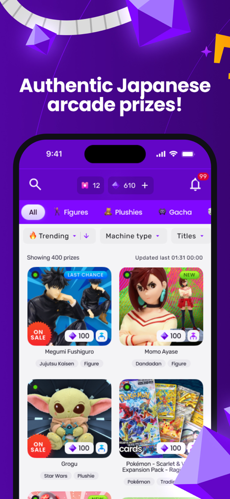 TokyoCatch Claw Machine - 東京キャッチアプリの画面には、アニメフィギュアやぬいぐるみを含む様々な日本のアーケード景品が表示されています