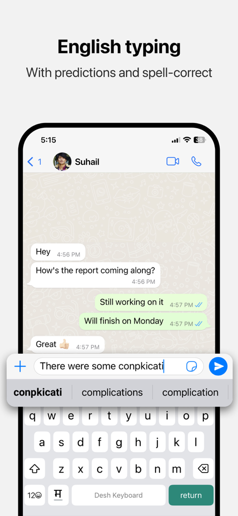 Desh Marathi Keyboard - English typing interface of Desh Marathi Keyboard featuring word predictions and spell correction on an iPhone
