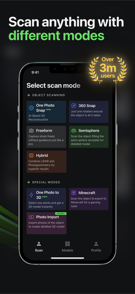 MagiScan app interface showing various 3D scanning modes like One Photo Snap 360 Snap and Minecraft mode