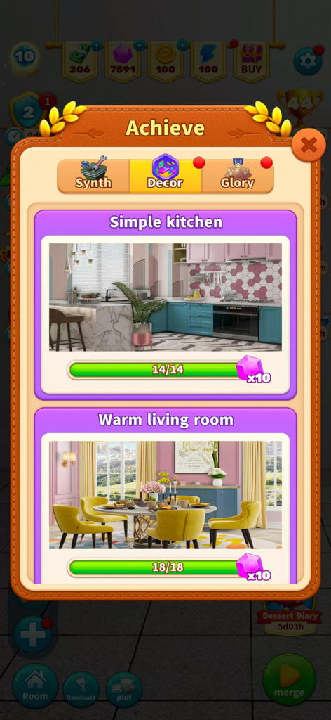 Merge Designer - Decor & Story - Screenshot of the decoration achievement menu in Merge Designer showing completed kitchen and living room projects with rewards.