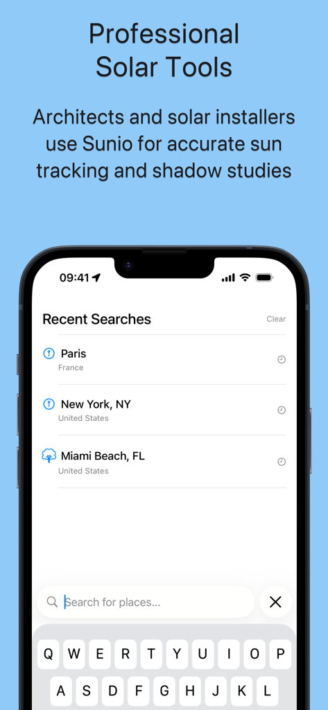 Interfaz de la app Sunio mostrando la pantalla de búsqueda de ubicación con búsquedas recientes de París y Nueva York.