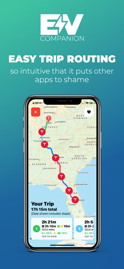 EV Companion App-Oberfläche zeigt eine Langstreckenroute mit mehreren Ladestopps auf einer Karte