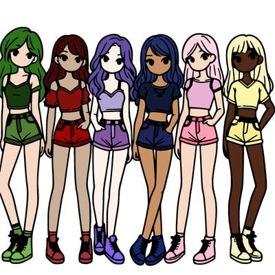 a group of girls wearing crop tops and shorts