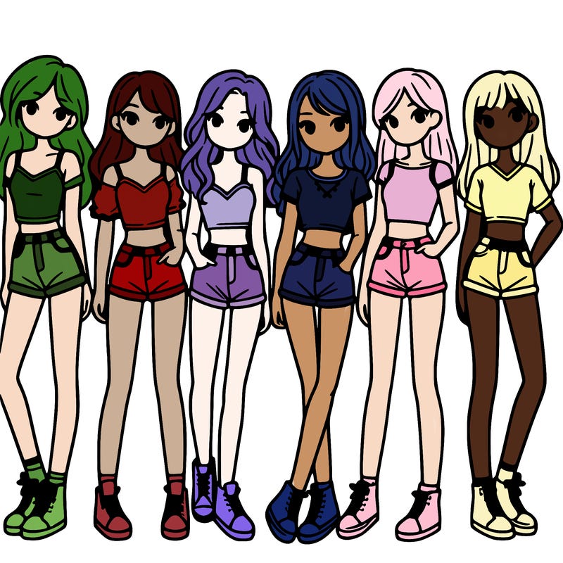 a group of girls wearing crop tops and shorts
