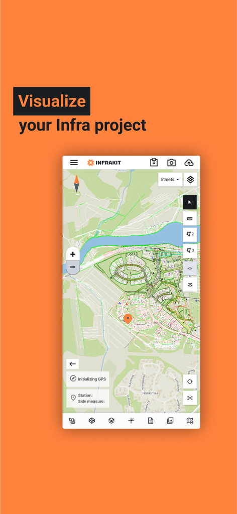 Infrakit FIELD - Infrakit FIELD App-Oberfläche, die eine detaillierte Baustellenkarte und Visualisierungswerkzeuge für Infrastrukturprojekte anzeigt.